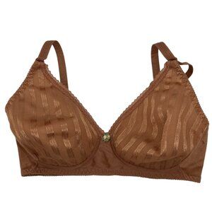 Vintage Brown 36B Wire-Free Bra With Sheer Striped Design Floral Accent